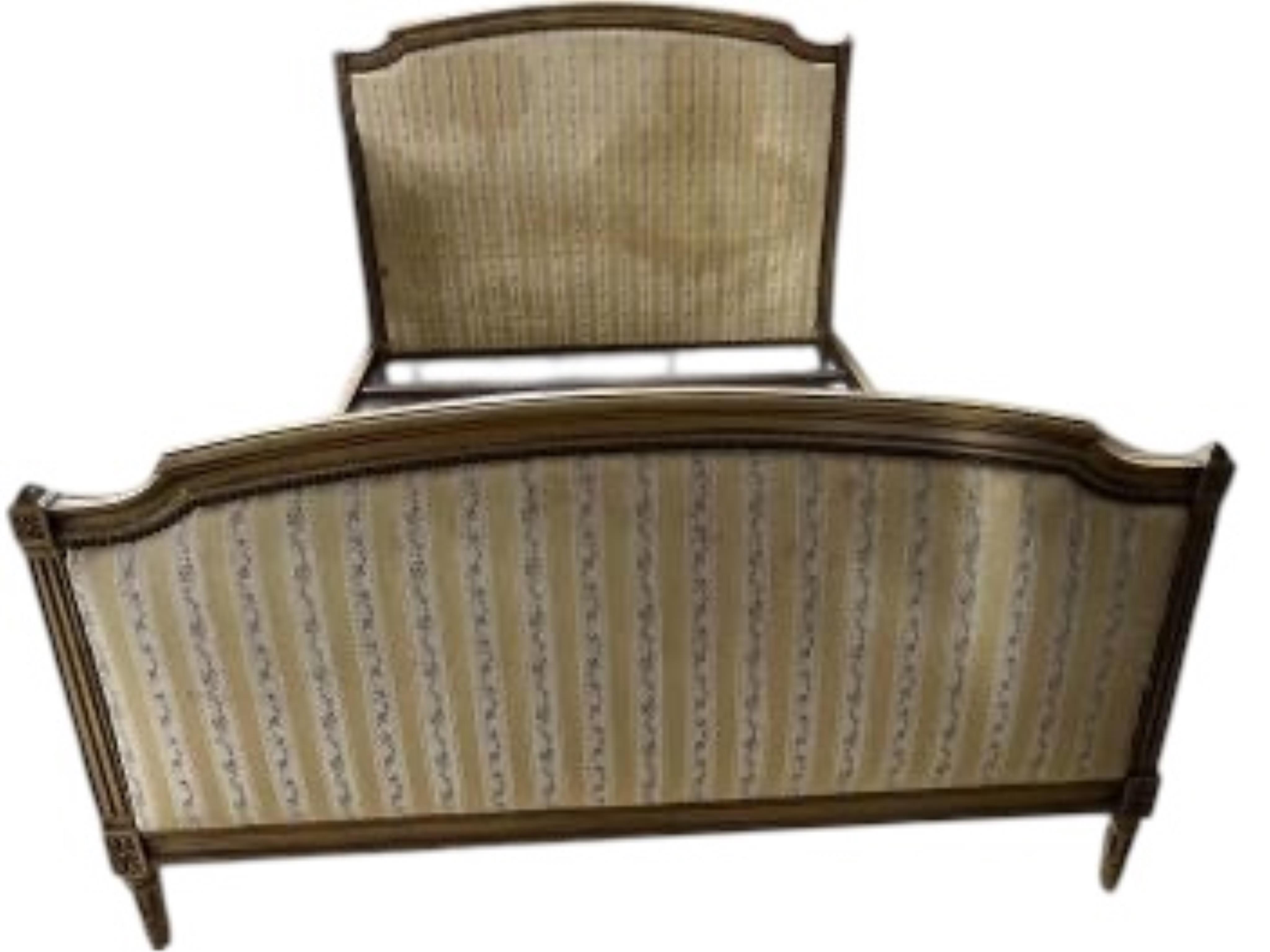A Louis XVI style upholstered double bed frame, length 200cm, width 146cm, height 120cm. Condition - fair to good